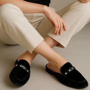 Marc Fisher Women's SZ 8.5 Wishing Mules Black Velvet Studded Slip On Loafers